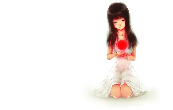 Girl, red, ball, minimalism, art, white background, sphere, sitting