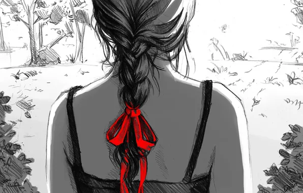 Girl, red, figure, art, black and white, braid, bow, back