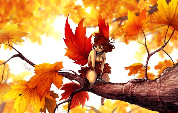 Autumn, girl, fantasy, art, maple, fake