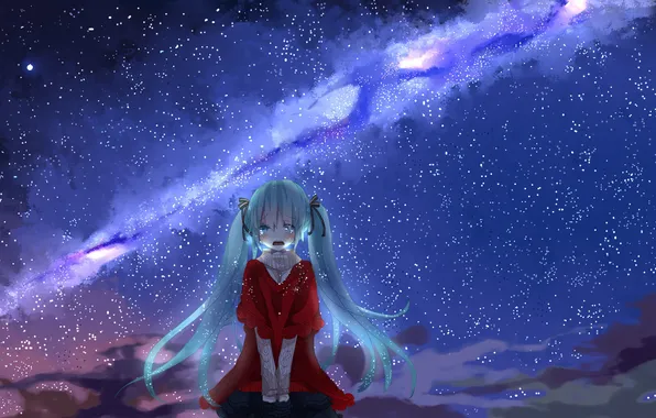 Picture the sky, girl, stars, clouds, night, tears, art, vocaloid