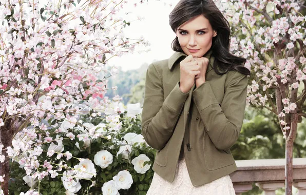 Photo, roses, petals, Sakura, actress, pink, white, Katie Holmes