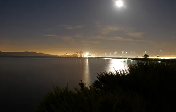 The sky, night, bridge, lights, lake, the moon