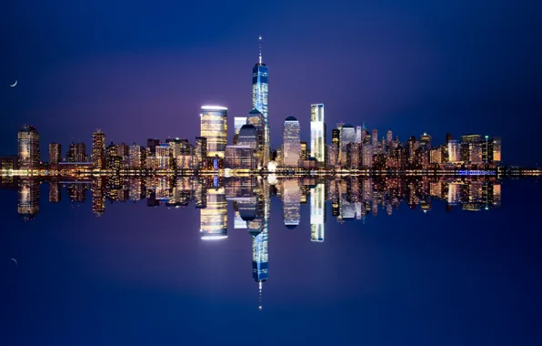 Night, the city, lights, reflection, blue, the moon, shore, building