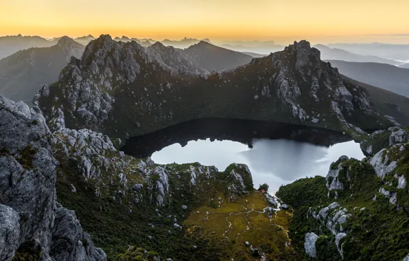 The sky, mountains, lake, morning