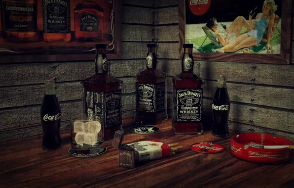 Picture ice, whiskey, smoking, bar, cigarette, bottles, Coca-cola, Jack Daniels