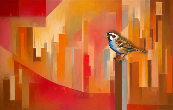 Look, line, pose, bird, Sparrow, geometry, orange background, painting