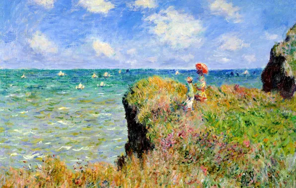 Sea, grass, landscape, flowers, rocks, boat, picture, sail
