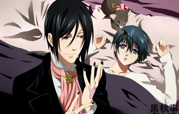Boy, the demon, bed, gloves, kitty, count, Kuroshitsuji, Sebastian Michaelis