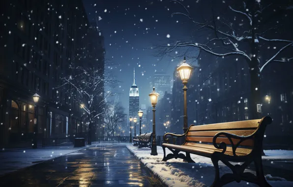 Picture winter, snow, bench, night, city, the city, lights, lights