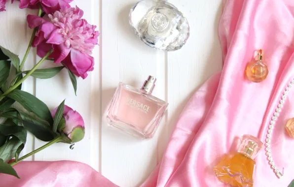 Picture perfume, fabric, peonies, bottles
