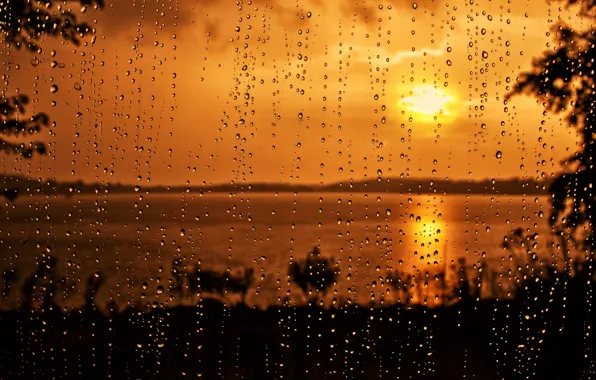 Glass, drops, sunset, rain