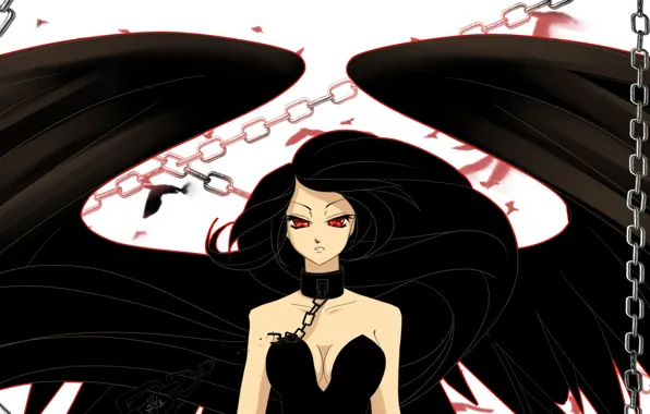 Picture look, face, anime, chain, red eyes, fallen angel, black wings