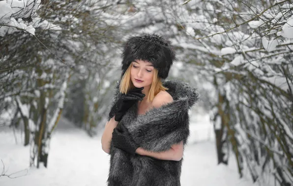 Winter, girl, snow, trees, hat, blonde, gloves, fur