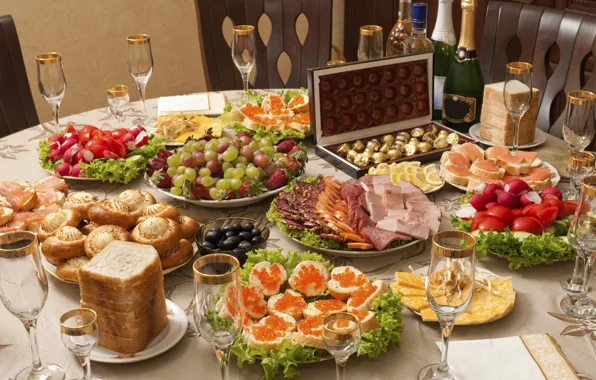 Strawberry, bread, candy, grapes, meat, fruit, champagne, feast