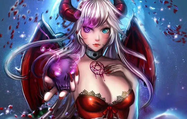 Girl, skull, wings, fantasy, art, demoness, succubus, Succubus