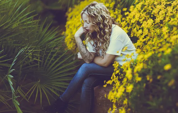 Girl, flowers, face, hair, blonde, curls