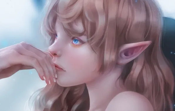 Picture face, hand, elf, blue eyes, pointy, elf girl, by Fenrigi Steve