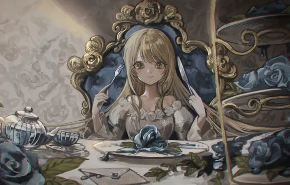 Tea, roses, cell, girl, at the table
