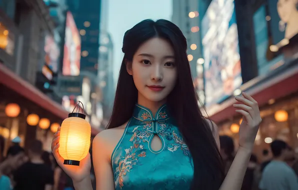 Girl, the city, lamp, earrings, dress, hairstyle, Chinese, Asian