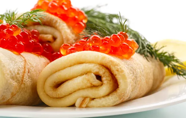 Food, pancakes, caviar, cakes
