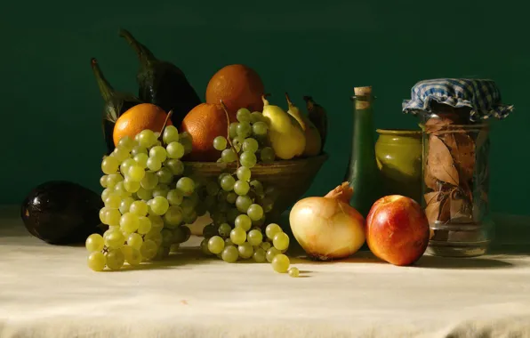 Orange, bow, grapes, eggplant, pear, fruit, vegetables