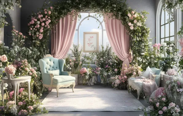 Summer, light, flowers, room, carpet, furniture, roses, beauty