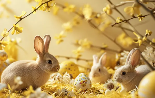 Flowers, branches, holiday, eggs, spring, rabbit, Easter, rabbits