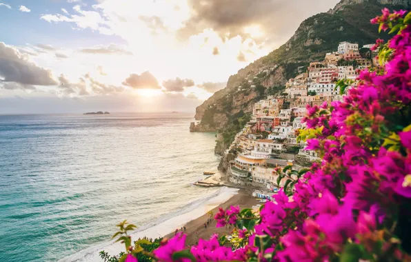 Flowers, the city, coast, Italy, houses, sea, Italy, coast