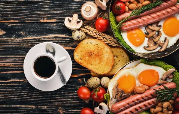 Mushrooms, sausage, coffee, eggs, bread, tomatoes