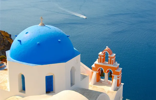 Picture Santorini, Greece, Church, the dome, water surface, bell, Santorini, Oia