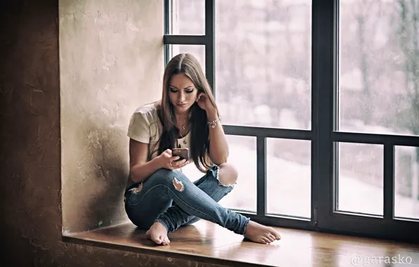 Girl, pose, jeans, brunette, window, t-shirt, hairstyle, sill