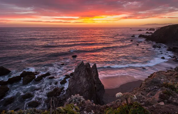 Beach, sunset, coast, CA, Bay, USA, The Pacific ocean