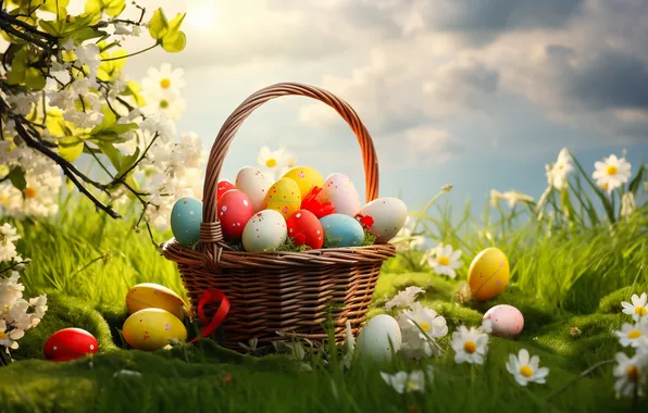 Flowers, eggs, spring, colorful, Easter, happy, flowers, spring