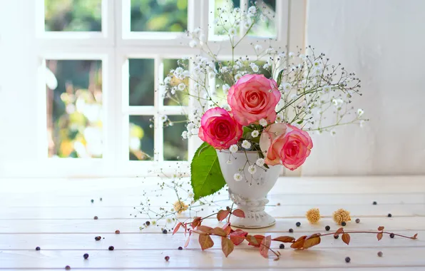 Leaves, light, flowers, branches, berries, table, Board, bouquet