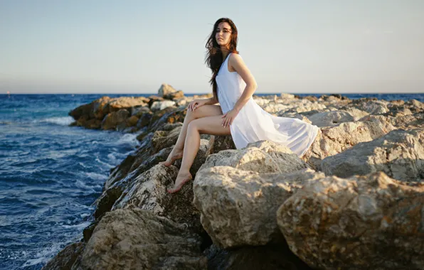 Water, girl, stones, the wind, dress, sitting, Sergey Fat, Sergey Zhirnov