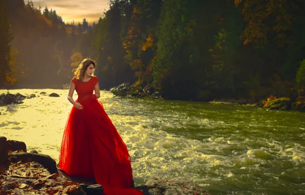 Picture red dress, Wora Tippayapaisal, river, trees, Asian, girl