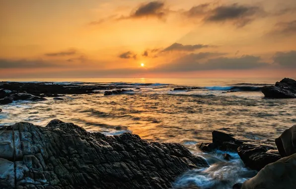 Picture sea, wave, the sky, the sun, clouds, sunset, stones, rocks