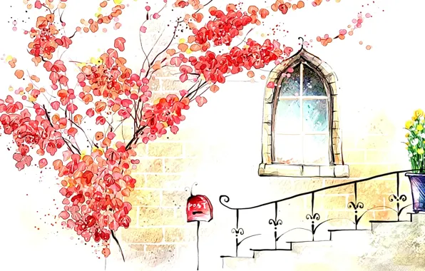 Autumn, figure, window, art, watercolor, picture, porch, tree