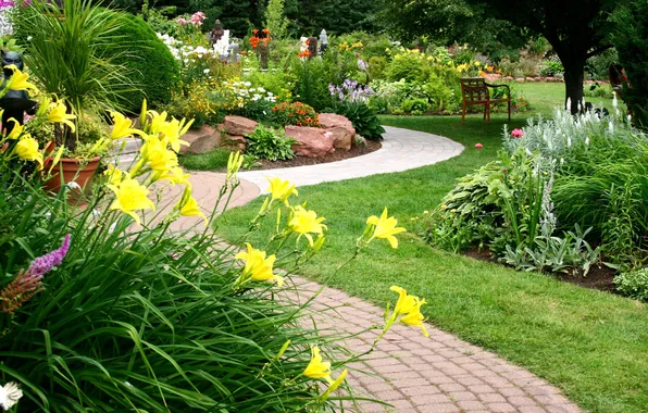 Picture flowers, design, garden, track, flowers, beds, figurines, path