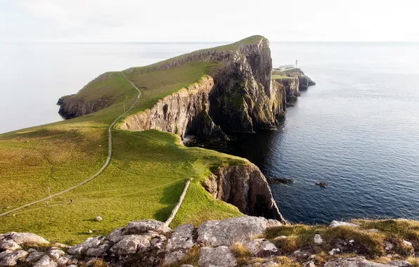 Road, sea, grass, water, stones, vegetation, lighthouse, dal