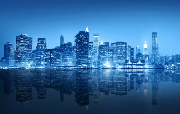Night, the city, river, photo, New York, skyscrapers, USA
