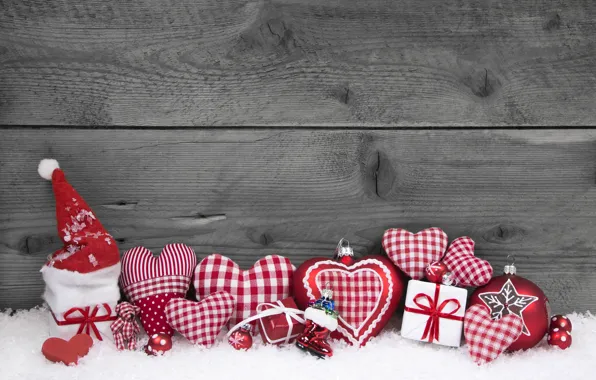 New Year, Christmas, Christmas, wood, snow, hearts, decoration, gifts