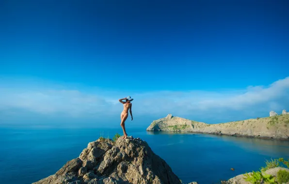 Sea, chest, summer, the sky, girl, clouds, landscape, nature