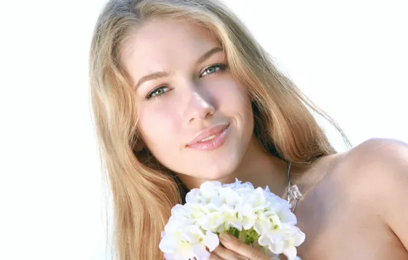 Girl, flowers, smile, model, blonde, the beauty, Erica B