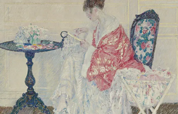 Interior, picture, genre, Frederick Carl Frieseke, Friedrich Karl Friske, The girl behind the Embroidery