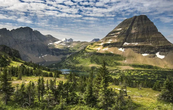 Picture the sky, clouds, trees, mountains, lake, rocks, valley