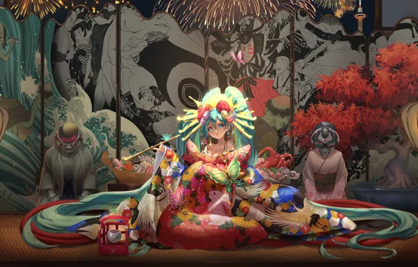 Picture vocaloid, Hatsune Miku, games, butterfly, kimono, games girl
