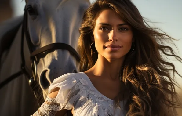 Girl, light, smile, horse, horse, portrait, brown hair, white dress