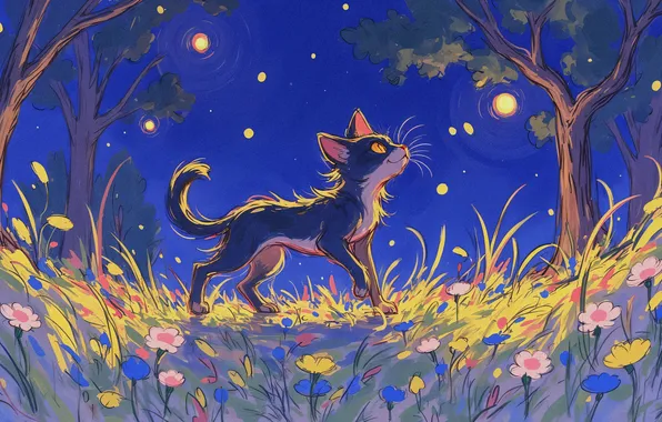 Cat, summer, grass, cat, look, stars, trees, flowers