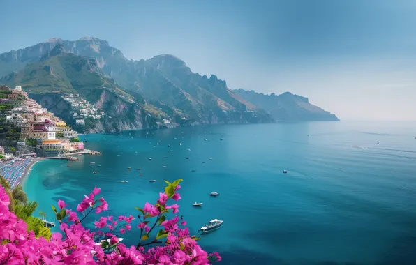 Sea, the sky, clouds, landscape, flowers, mountains, the city, fog